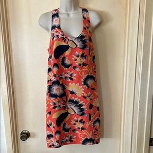 J Crew 100% silk tropical orange and navy shift dress with twist size 2